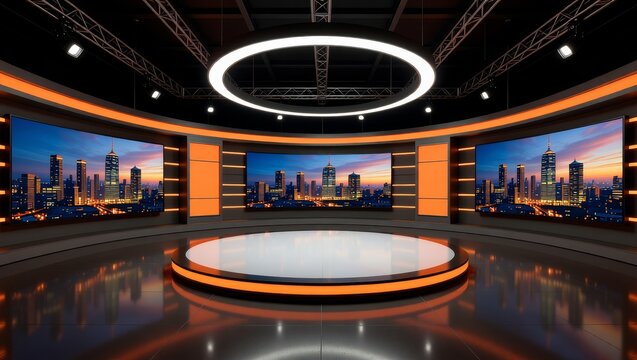 Modern news studio with cityscape screens and circular platform - Powered by Adobe