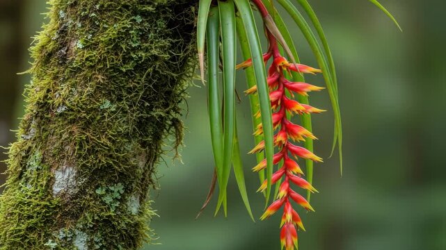 Beautiful hanging heliconia flower with vibrant red and yellow petals on a mossy tree trunk. Exotic tropical plant life in a lush rainforest, representing natural biodiversity