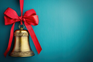 Decorative brass bell with red ribbon against a blue background, perfect for festive occasions and celebrations 