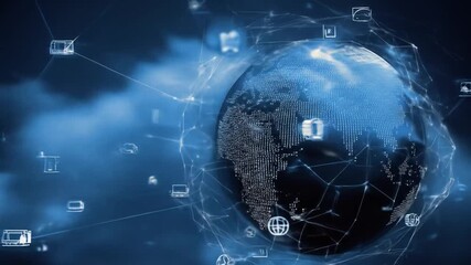 Abstract digital globe with connected icons on blue background - Powered by Adobe