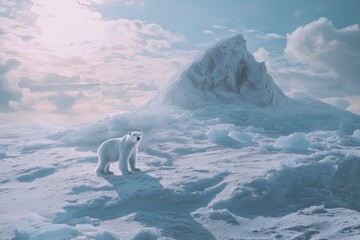 Polar bear stands on ice floe under bright sky in arctic landscape during daylight, showcasing the beauty of nature 