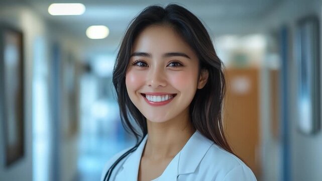 Radiant Healthcare Professional: A close-up shot of a beaming woman, showcasing a caring and welcoming disposition, in a modern medical setting, offering a beacon of hope and warmth.