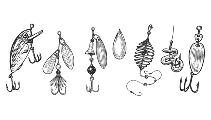 Fishing lures and tackle vintage sketch style vector design