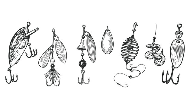 Fishing lures and tackle vintage sketch style vector design