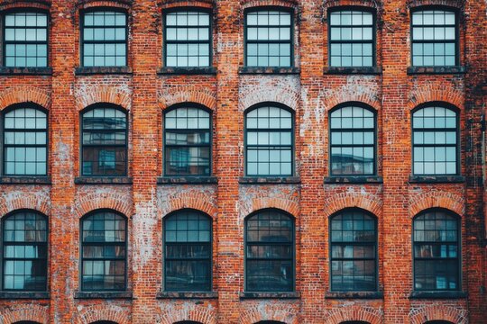Historic brick building with arched windows showcasing urban architecture and vintage charm in a lively city