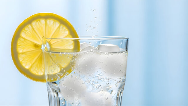 Refreshing glass of sparkling water with lemon slice and ice - Powered by Adobe