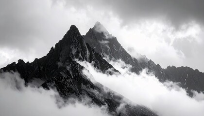 Jagged mountain peaks emerge from swirling clouds and mist in a dramatic black and white landscape.