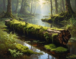 Mossy log in a serene forest stream reflecting sunlight and surrounding trees