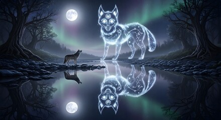 A mystical scene featuring a glowing, celestial wolf and a lone fox by a tranquil lake under a full moon and northern lights in a dark forest setting