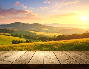 Scenic sunset over Tuscan hills with wooden platform for display mockup