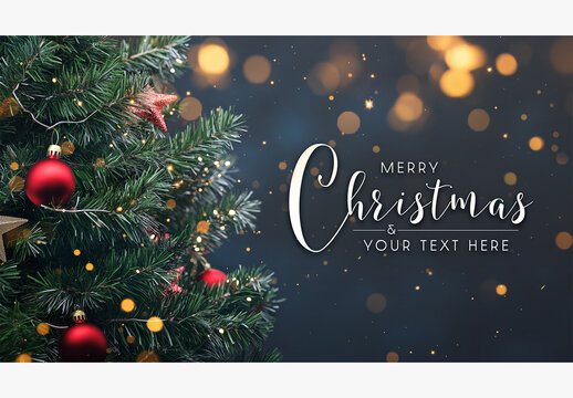 Christmas Tree Card With Decorations And Bokeh Mockup