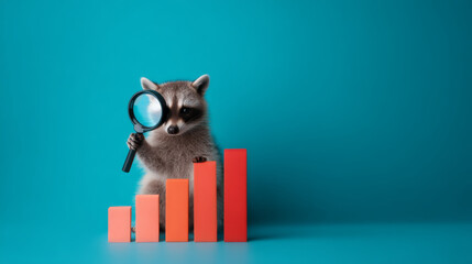 Raccoon magnifying glass bar chart analysis blue background curiosity animal business growth data research orange standing playful finance investigation statistics concept education learning