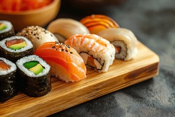 Delicious selection of sushi rolls served on a wooden platter in a cozy restaurant setting 