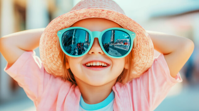 Close-up portrait of cheerful young child with wide smile, wearing pink straw hat and trendy teal reflective sunglasses, hands relaxed behind her head, capturing essence of summer joy and carefree spi