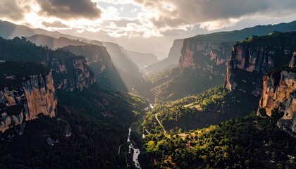 A majestic canyon carved by a river, with dramatic sunbeams illuminating the steep, forested cliffs.