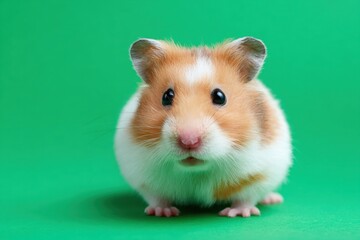 Hamster sniffing isolated on green screen. Golden dwarf hamster looking at camera on green background. Cute wildlife animal character. Pet portrait on chroma key backdrop. Playful Rodent. Wildlife