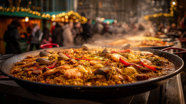 Close up of large paella pan filled with seafood and rice at an outdoor market stall scene - Powered by Adobe