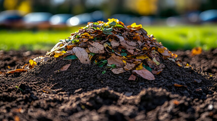 Vibrant pile of autumn leaves rests on freshly dug mound of dark brown soil in sunny garden setting, hinting at composting or gardening preparations