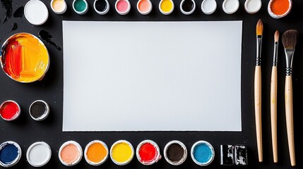 A collection of colorful paint pots and brushes are artfully arranged around a blank sheet of white paper on a dark surface.