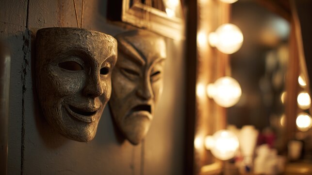 oriflamme. Comedy and tragedy masks hanging before a vintage dressing room mirror in a dim backstage setting. event programs.