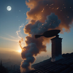 Mystical broom on chimney top with full moon and smoke rising