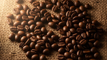 Heart shape formed by coffee beans on burlap background