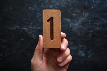Hand holding wooden number one sign against a dark background for celebration or marking an event 