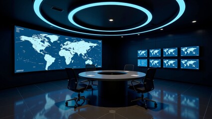 Modern control room with world map displays and round table