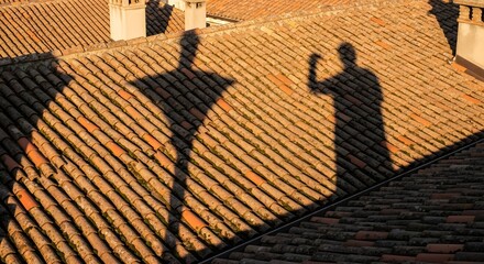Shadows of two people are cast on a tiled rooftop during sunset, creating a dramatic and artistic visual effect with warm lighting and textured surface