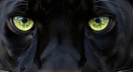 A close-up of a black cat's face highlighting its striking yellow-green eyes and sleek fur with a reflective cityscape in the eyes