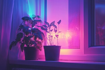 Plants by the window illuminated by an ultraviolet lamp in the evening in a cozy room