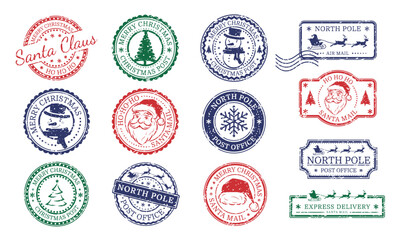 Santa Claus North Pole Post Office stamp set. Isolated on white background. Collection of New Year and Christmas design elements. Vector illustration.