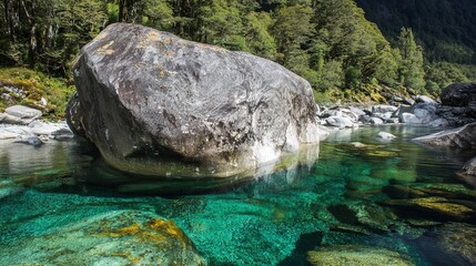 amphibole. A massive weathered boulder resting at the bottom of a clear, deep pool. travel magazines, destination branding, wall prints, designed for travel destination branding, used by teachers.