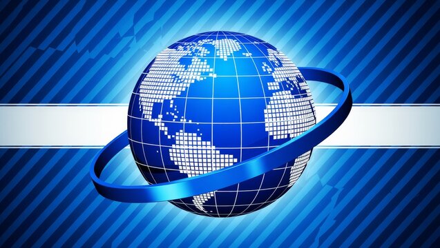 Blue digital globe with pixelated continents and ring - Powered by Adobe