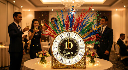 Celebration of work anniversary with festive clock surrounded by colorful confetti at event location, Workplace Celebration / Corporate Event