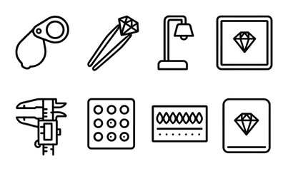 Obraz premium Gemology tools and instruments icons on a dark background
