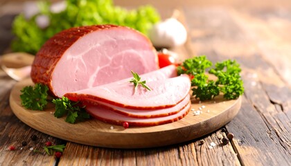 Delicious sliced ham on a wooden board with garnish.