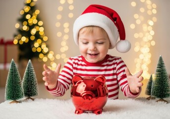 A happy young boy wearing a santa hat and a red and white striped shirt, sitting in front of a christmas tree and fairy lights, holding a red piggy bank