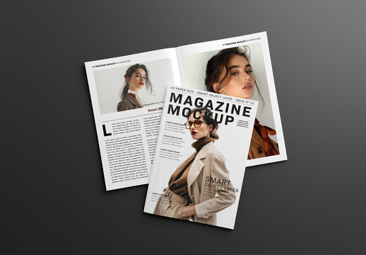 Magazines Mockup On Black Background. Cover And Open