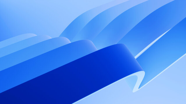 Abstract wavy curved 3d render. Blue soft layers of plastic with lines, folds, ruffles. Modern wallpaper, texture pattern.