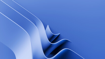 Abstract wavy curved 3d render. Blue soft layers of plastic with lines, folds, ruffles. Modern wallpaper, texture pattern.
