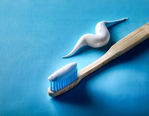 Fresh Start: Wooden Toothbrush Ready with Toothpaste on a Clean Blue Surface, Promoting Oral Hygiene and a Bright Smile