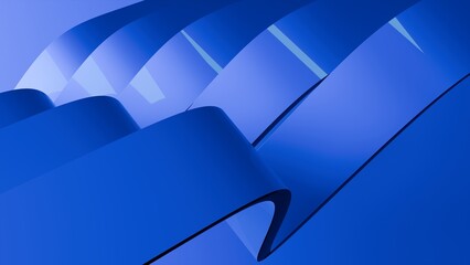Abstract wavy curved 3d render. Blue soft layers of plastic with lines, folds, ruffles. Modern wallpaper, texture pattern.