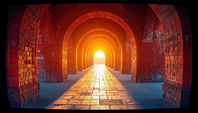 A long, repeating corridor of red brick arches is bathed in the warm, golden light of a sunset, creating dramatic shadows and a sense of depth.