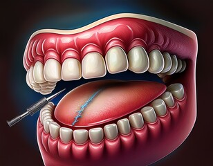 Sutured Tongue After Surgery: An Illustration of Dental Procedure and Anatomical Representation of Oral Cavity with Teeth.
