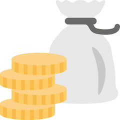 Flat Design Illustration Of A Sack Of Money Beside A Stack Of Gold Coins Isolated On A White Background