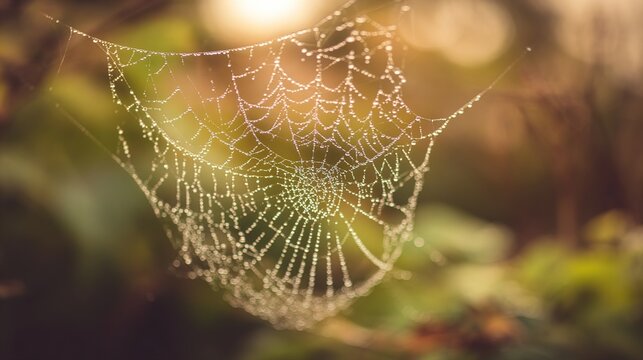 dismembering. A spider web with morning dew drops, backlit by soft sunlight. wildlife magazines, conservation campaigns, designed for eco-tourism storytelling, used by chefs.