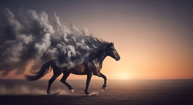 A majestic horse galloping across a flat landscape with a trail of smoke or dust behind it during sunset or sunrise, creating a dramatic and powerful scene