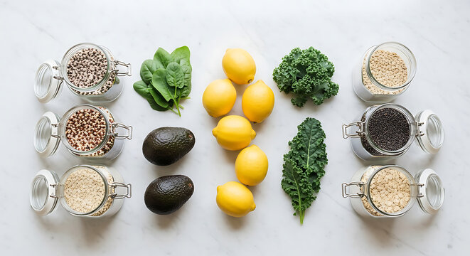 Clean flat lay with assorted grains, fresh lemons, avocado and leafy greens, healthy eating and meal prep concept perfect for wellness blogs, nutrition guides, grocery branding, and balanced diet
