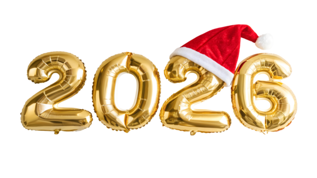 Gold balloon 2026 numbers with Santa hat, festive holiday decoration for Christmas and New Year celebration banner - Powered by Adobe